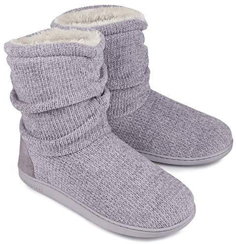 Ladies Bootie Slippers Memory Foam Fur Collar Bootee Plush Lined Women Boots with Non Skid Indoor Outdoor Sole, 3/4 UK, New Grey