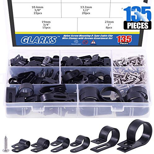 Glarks Lot de 135 serre-câbles de 6 tailles 6,35 mm à 2,5 cm en nylon noir avec 132 vis pour câble, conduit et kit de conduits de câbles (noir)
