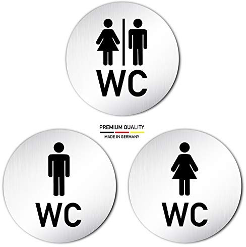 Türschilder24 XXL Toilettenschilder • Set aus 3 Schildern: 1x Damen WC 1x Herren WC 1x WC/Piktogramm • Ø 100mm • Aluminium (eloxiert) • Türschild Hinweisschild