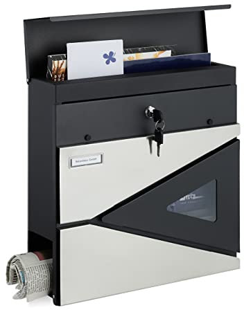 Relaxdays Boîte aux Lettres Porte-journaux, Moderne, fenêtre, verrouillable, HxLxP : 37x37x11cm, Acier, Noir/argenté