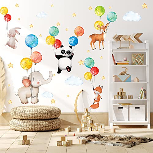 TOARTI 47 Stück Wandaufkleber Kinderzimmer Tiere,Tier Wandsticker,Aquarell Wandsticker Babyzimmer,Ballon Wandaufkleber Tiere,DIY Fuchs Hase Wandaufkleber für Junge Mädchen Schlafzimmer Wanddeko