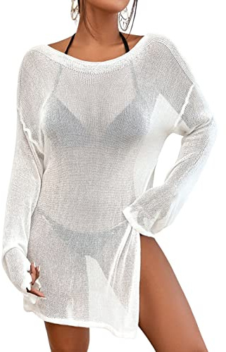 Bsubseach Vestido de Playa para Mujer Top de Ganchillo con Manga Larga Cubrir Traje de baño Ver a Través Blanco
