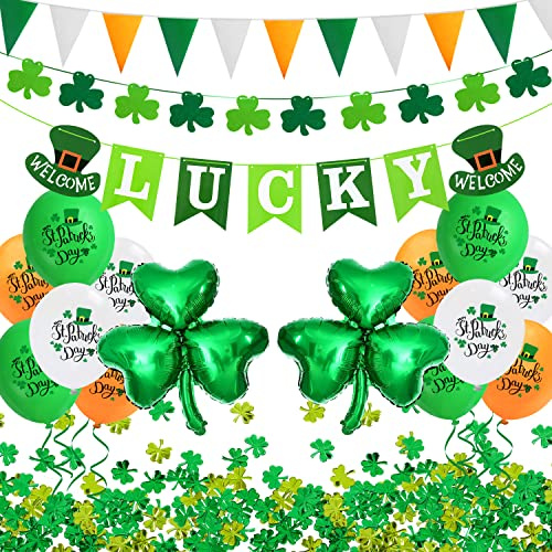 iZoeL St Patricks Day dekorationer St Patricks Day tillbehör, välkommen Lucky Banner Irish Bunting St Patricks Day ballonger Shamrocks Bunting konfetti för hem bar Paddy's Day irländska dagen festtillbehör