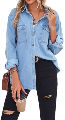 Hemd Damen, Damen Langarm Jeanshemd Bluse Mode Dünn Hellblaue Waschung Verblasst V-Ausschnitt Hemden Tops Lässig Button-Down-Blusen ﻿ (DE/NL/SE/PL, Alphanumerisch, L, Regular, Regular