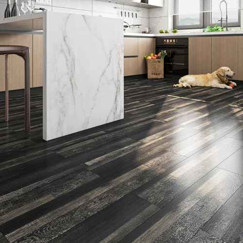 FunStick 6x36 35 Pcs Black Hard Wood Vinyl Flooring Planks Peel and Stick Floor Tile Waterproof Kitchen Vinyl Floor Tiles Peel and Stick on Tile Flooring for Bathroom Bedroom Sticky Laminate Sheets