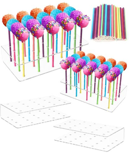FAOKZE 4 Piezas Soporte para Piruletas con 100 Vistoso Unidades Palitos de Cake Pops, Soporte Acrilico para Lollipop con 20 Agujeros, Pop Cakes Acrilico para Lollipop, Piruleta Soporte, para Cake Pop