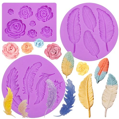 Rose Chocolate Molds Feather Silicone Fondant Molds Peacock Feather Chocolate Molds For Cake Decoration Candy Cupcake Topper Cake Polymer Clay Crafts Epoxy Resin Set Of 3