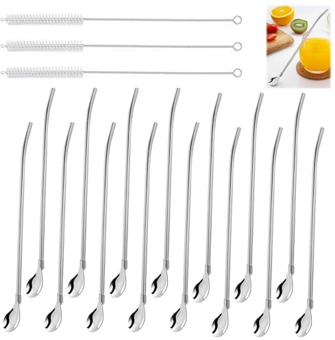 HAYGEM 15 Stück Doppelzweck Strohhalme Edelstahl mit Löffel, Latte Macchiato Löffel mit Reinigungsbürste, Wiederverwendbare Trinkhalm Löffel, zum Saugen und Umrühren von Säften, Getränken, Kaffee