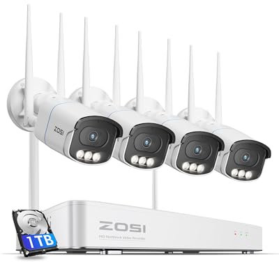 ZOSI 4K Wireless CCTV Camera System, 8CH 4K NVR with 1TB HDD, 4Pcs 8MP WiFi Security Camera Outdoor, with 2-way audio, AI Detection and Alarm Lights, 24/7 Full-Color Monitoring