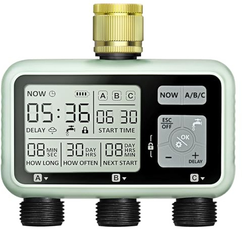 Johgee Computer di irrigazione 3 uscite indipendenti con ingresso in ottone, orologio digitale per irrigazione con ritardo della pioggia, controllo automatico/manuale di irrigazione, timer per