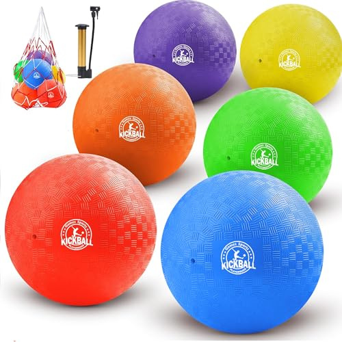 10 Inch Kickball Playground Balls 6 Pack,Playground Balls for Kids&Adults,Dodgeballs,Handballs,for School,Outdoor&Indoor Games,with Hand Pump and Storage Bag,Boys and Girls Gift with Gift Box