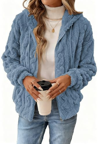 Yeenily Chaqueta de peluche para mujer, forro polar, monocolor, manga larga, cremallera, con capucha, bolsillos, cremallera, sudadera con capucha, azul, S