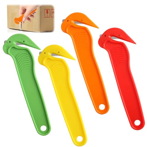 Box Opener 4pcs Set, Safety Box Opener Tool for Packaging & Wrapping, Concealed Edge Design for Cardboard, Bubble Wrap & Stretch Film (Red Yellow Orange Green)