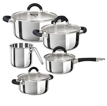 EMPOTEC Set Pentole in Acciaio Inox 9 Pezzi, 5 Pentole con 4 Coperchi in Vetro, Fondo Triplo Strato, Manici Ergonomici, Adatto per Induzione Gas Elettrico, Lavabili in Lavastoviglie