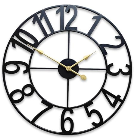 PONDON Reloj de pared grande de metal de 16 pulgadas, hierro negro silencioso, diseño de gran tamaño, números arábigos, para interiores y exteriores, jardín, patio, piscina, patio, decoración del