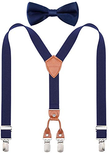 Kajeer Bretelle per bambini Bretelle Papillon - Bretelle a forma di Y e papillon Set per bambini Bretelle elastiche regolabili con 4 clip (Blu navy, 60 cm (7 mesi - 3 anni))