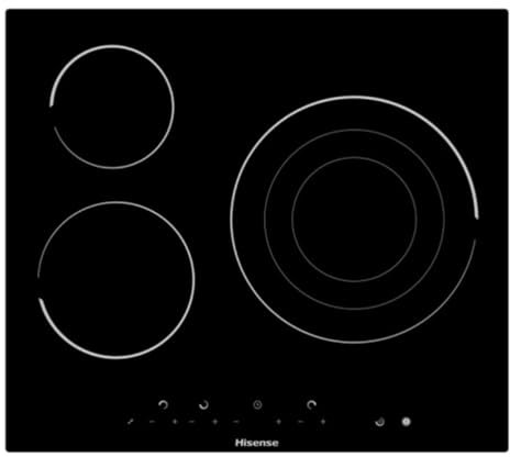 Hisense E6322C - Placa Vitrocerámica, 3 zonas, 1 con Foco Gigante 30 cm, Triple Corona, Encimera de 60 cm, Bloqueo Infantil, Resistente a los Arañazos, Terminación biselada