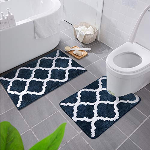 Homaxy rutschfest Badematten Set 2 teilig Weich Hochflor Bad WC Badezimmerteppich Mikrofaser Badvorleger Set 2teilig –Marine Blau