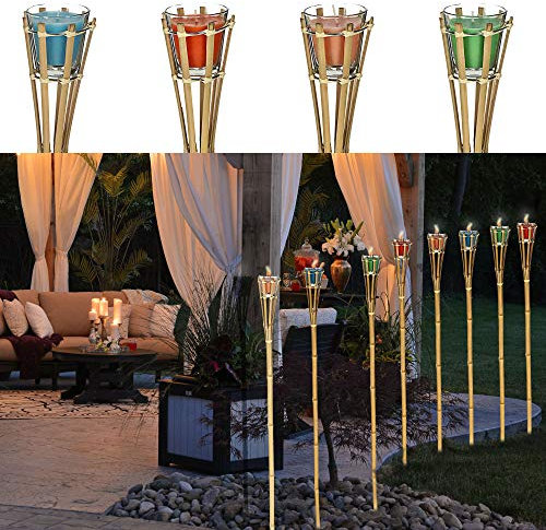 Torche de jardin bambou citronnelle | Parfum citron H 120 cm Verre cire colorée | Bougie parfumée dans un verre (1 lot de 4 torches de jardin)