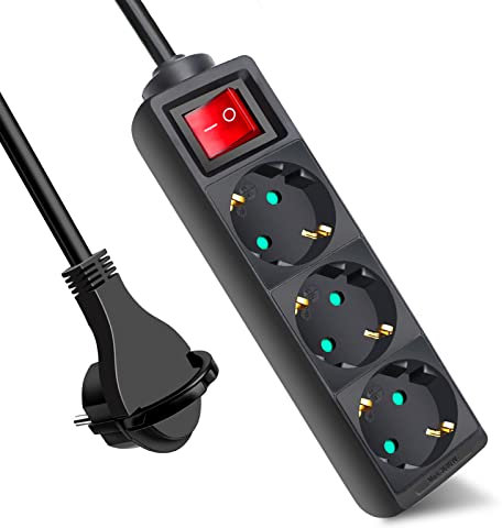 EXTRASTAR Steckdosenleiste 3-Fach, Flachstecker Mehrfachsteckdose mit Save Energy-Schalter, Mehrfachsteckdose Flacher Stecker mit 3m Kabel, IP20, 16A, 3680W, Flachstecker, Schwarz