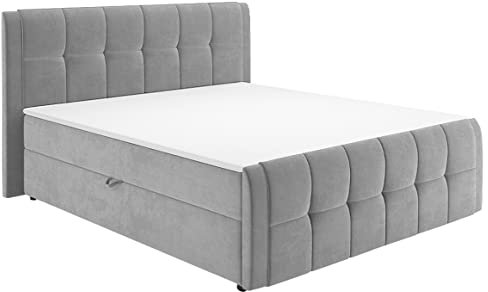 Meubletmoi Pack lit boxspring 160x200 cm en Velours Gris Clair avec Coffre + tête de lit + Matelas + surmatelas - Riven
