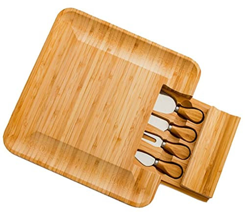 Juego de Tabla de quesos y Cuchillos, Plato de Madera for Embutidos con cajón for Cubiertos deslizable, Bandeja de Servicio for Galletas de Carne y Queso