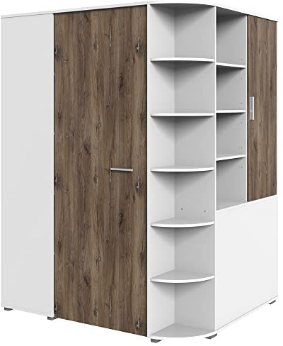 Lomadox begehbarer Eckkleiderschrank, Kleiderschrank mit Beleuchtung für Kinderzimmer, Schlafzimmer, Babyzimmer in weiß mit Eiche Nb., B/H/T: ca. 124/201/148 cm