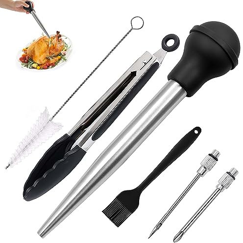 WOVTE Pera per succo, Pera per salsa in acciaio inossidabile 304,Pipetta per salsa di qualità, con iniettore di marinata e spazzola per olio,Spazzola di pulizia