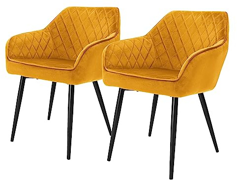 ML-Design Set om 2 matstolar med armstöd och ryggstöd, senapsgul, köksstol med sammetsöverdrag, stoppad stol med metallben, ergonomisk stol för matbord, matstol vardagsrumsstol