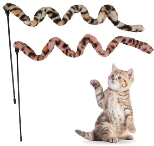 Jeffdad 2 Stück Interaktiver Zauberstab für Katzen - Leopardenmuster Teaser, Plüsch Spielzeug für Kätzchen Training (60cm)