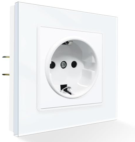 PANGTZEEN Schuko Steckdose mit Kralle 1 Fach Glas Rahmen 82mm Einzel Wandsteckdose 16A Unterputz Zwei Befestigung Stil Einbausteckdosen Weiß Für Wohnzimmer, Schlafzimmer, Küche, Büro