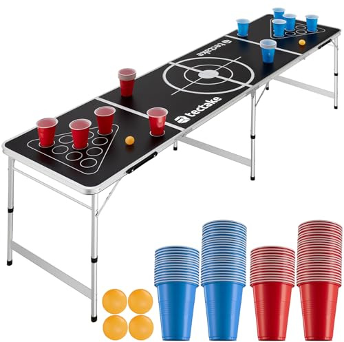 tectake® Tavolo da Beer Pong, Pieghevole con Maniglia, Kit Completo Bicchieri Multicolor e Palline, Beer Pong Set, Kit Feste, Giochi Alcolici, Regali Divertenti, Regolabile in Altezza - 240x60x70 cm