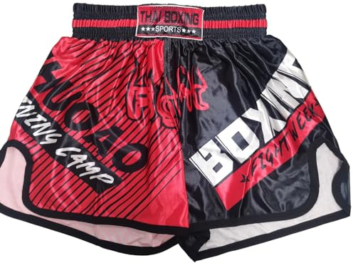 KKmeter Kids Boys Muay Thai Shorts Boxing Kickboxing MMA Club Training Competitions Athletic Trunk (US, Alpha, Small, Regular, Red&Black)