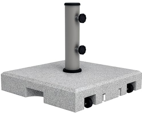 Outsunny pie de sombrilla (de Granito) 28 kg pie de sombrilla con Dos Botones giratorios en la Base para mástil Ø 32/38/48 mm, pie de sombrilla con Ruedas para jardín, balcón, Granito, Gris