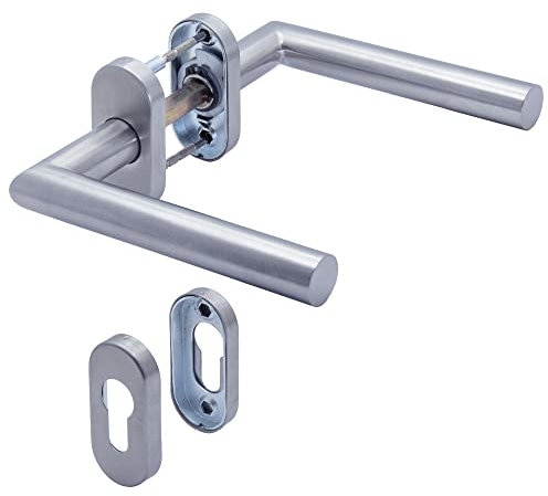APECS Türgriffe Oval Rosette edelstahl für Haustür und Innentüren mit Schlüsselrosette Drückergarnitur Profilzylinder L-Modell H-0904+PZ
