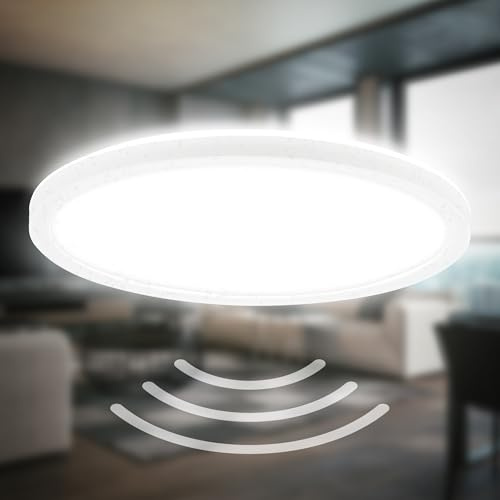 B.K.Licht - LED-taklampa med rörelsedetektor, platt, IP44 stänkskyddad, LED-taklampa, LED-panel, badrumslampa, badrumslampa, kökslampa, fuktsäker armatur, 24x3 cm, vit