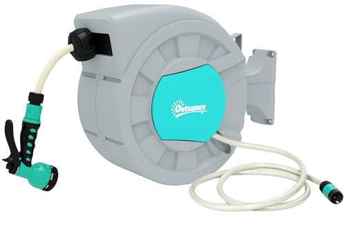 Outsunny Avvolgitubo da Giardino Retrattile con Tubo dell'Acqua 30+2 m, Avvolgitubo da Parete Girevole a 180°, Avvolgitubo Automatico con Blocco e 7 Getti per Irrigazione in PP, Verde e Grigio