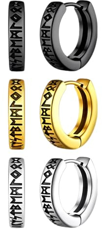 XSDSLS 3 Paires Viking Boucles d'Oreilles Homme Acier Inoxydable Créoles Boucles d'oreilles Runes Nordiques Petites Vikings Norse Créole Geschenke für Homme Bijoux