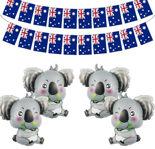 Australian Party Decorations, 4 Koala Balloons 31.5x35cm and 20 Flags Banner 14x21cm, Australia Day Decor for Birthday Party and National Celebration