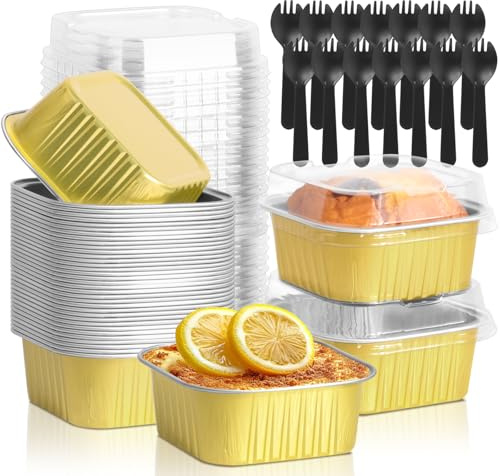 CXIIPOL 35 Pack 5 OZ Square Mini Baking Pans with Lids, 3.5x3.5 Inch Mini Cake Tins, Aluminum Foil Baking Cups Disposable Cake Containers for Party, Wedding, Birthdays, Gold