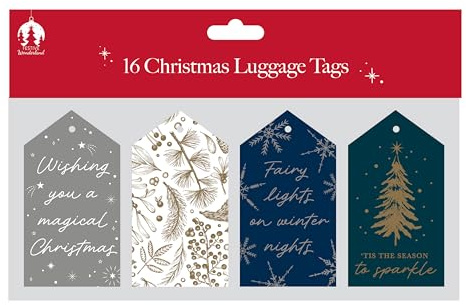 Tallon 16 Festive Gift Tags for Presents – Elegant Seasonal Designs with Trees, Stars & Winter Foliage – Decorative Christmas Wrapping Accessories