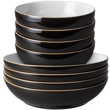 Denby - Elements Pasta & Cereal Bowl 8 Piece Set - Black Glaze, Dishwasher & Microwave Safe, Oven Proof Stoneware Dishes - 4 x Pasta & Cereal Bowls - Ceramic Chip Resistant Tableware for Everyday Use