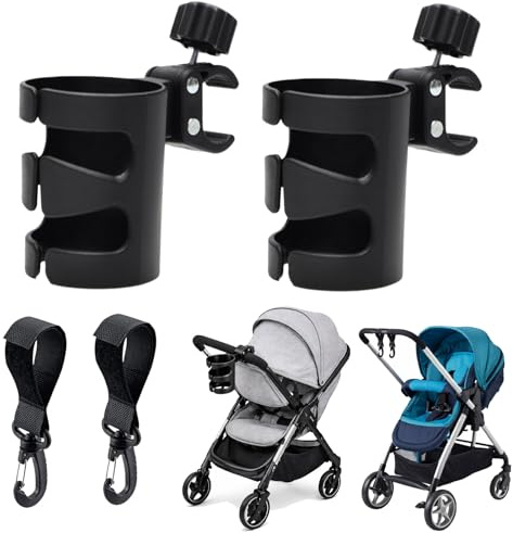 2 soportes para bebidas para cochecito de bebé, con 2 ganchos, soporte para bebidas, soporte para vasos, cochecito de bebé, universal, ajustable, rotación de 360 grados, para carrito y silla de ruedas