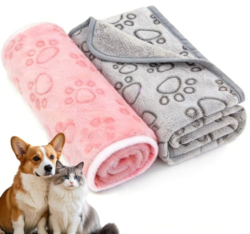 2 Pièces Couverture Ultra Douce pour Chien Chat, Flanelle Lavable avec Imprimé Patte, Tapis Moelleux pour Petit Animal 40x60cm (Gris, Rose)