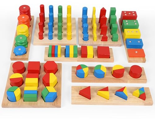 TOWO Träsorteringsspel med geometriska former för stapelning, sortering och kategorisering trä formar pussel geometriska figurer lekpedagogiska träleksaker Montessori leksak för 3 år gammal