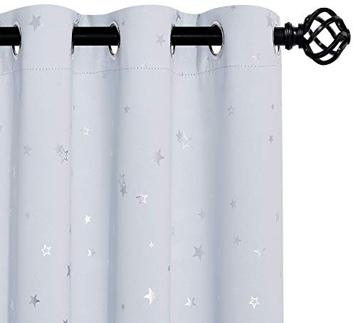 PONY DANCE Star Foil Printed Kids Curtains, Greyish White, 52x54 | Eyelet Blackout Girls Curtains for Nursery & Bedroom, Thermal Insulated & Noise Reducing, Privacy Protected, 2 Panels
