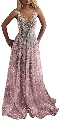 Minetom Femme Élégante Col V Robe à Paillettes sans Manches Longue Maxi Robe de Soirée Mariage Cocktail Demoiselle d'honneur B Rose M
