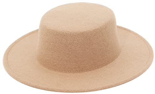 GEMVIE Fedora Hut mit Breite Krempe Damen Herren Wolle Filzhut Flache Kirche Derby Hut M Kamel