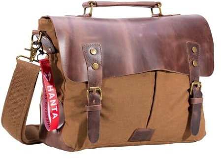 HANTA Nature Messenger Bag, Umhängetasche aus Leder und Canvas, Kuriertasche für den Alltag oder Reisen, Vintage Laptoptasche für Damen und Herren - Braun