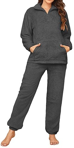 Tuopuda Completo Sportivo Donna Tute da Ginnastica 2 Pezzi, Pigiama Set in Flanella Pjs Confortevole, Sleepwear Caldo Homewear Casa Camicia da Notte, Grigio, XXL